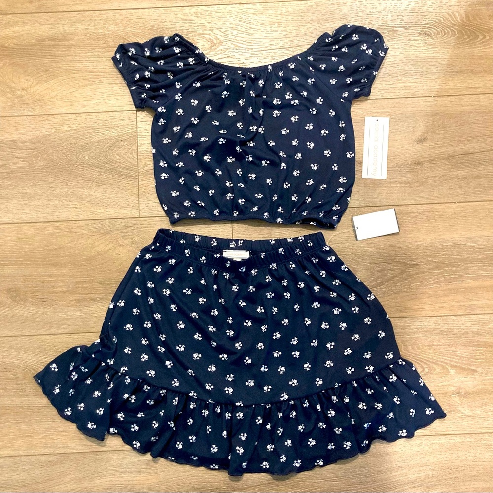 Navy Blue With White Flowers Skirt And Top Set